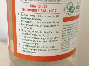 Label of Dr Bronners Sal Suds How to use