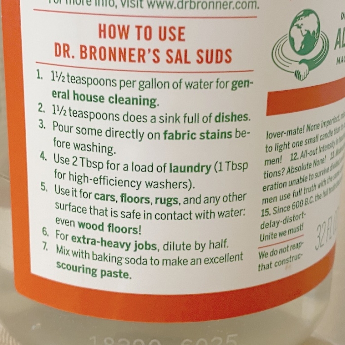 Label of Dr Bronners Sal Suds How to use