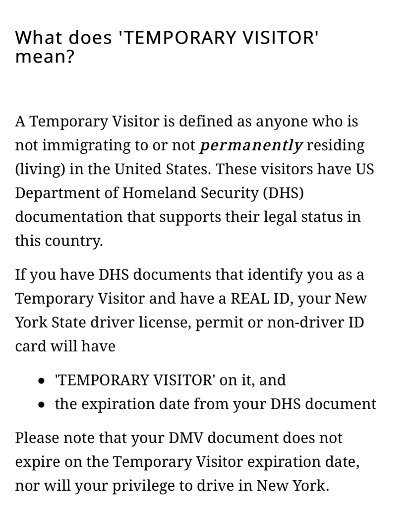 description of Temporary visitor NY DMV