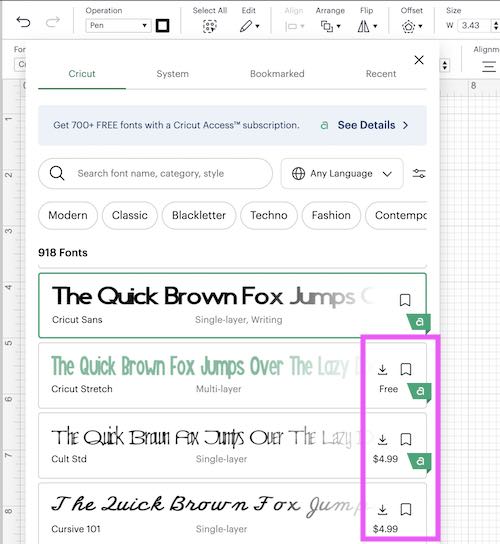 How to find the price to download each font