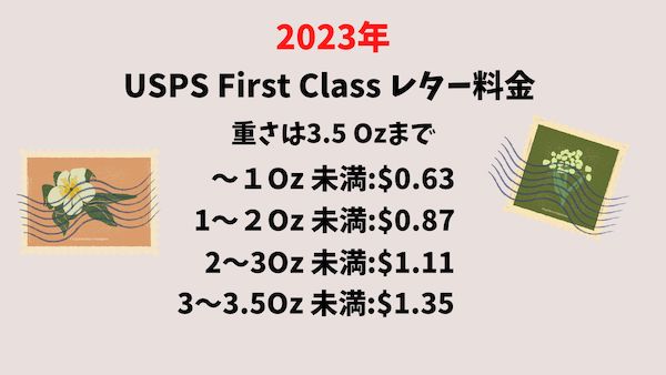 2023年のUSPS ファーストクラス レターを送るときの料金表